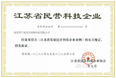 星圖金融旗下蘇寧支付榮獲&ldquo;江蘇省民營(yíng)科技企業(yè)&rdquo;認(rèn)定